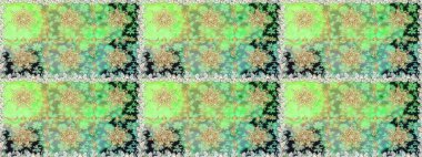 Senin tasarımın için, duvar kağıdı. Yeşil renklerde, altın çiçekli altın desenli desen. Raster geometrik arka plan. Altın rengi kusursuz illüstrasyon.