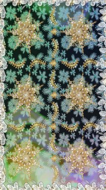 Parlak dantel, stilize çiçekler, şal desenli. Doğu tarzı arabesk. Kusursuz altın desenli bukleler. Hassas altın deseni açın. Gri renklerde, altın elementlerle kusursuz desen. Raster..