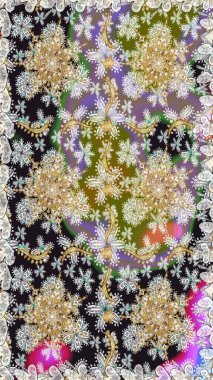 Kusursuz desenli oryantal süs. Gri renkli ve altın elementli altın desenli. İslam tasarımı. Raster altın tekstil baskısı. Çiçek karoları.