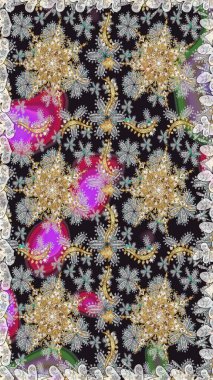 Dekoratif simetri arabesk. Doğum günü kartı, davetiye ya da afiş için iyidir. Kusursuz ortaçağ çiçek deseni. Raster illüstrasyonu. Gri renklerde altın.