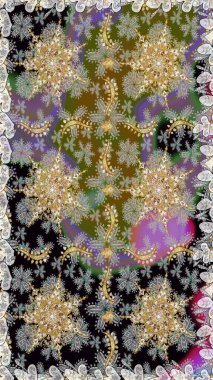 Davetiyeler, kartlar, web sayfası için Raster illüstrasyon. Gri renklerdeki altın element. Çizgi sanatı tasarım şablonu için kusursuz sınır. Altın desenli çiçek dekoru. Doğu tarzı ögesi.