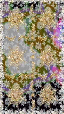 Parlak dantel, stilize çiçekler, şal desenli. Raster. Gri renklerde, altın elementlerle kusursuz desen. Kusursuz altın desenli bukleler. Doğu tarzı arabesk. Zarif altın deseni aç.