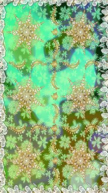 Kusursuz altın desen. Yeşil renklerde, altın elementlerle kusursuz desen. Raster doğulu süsü.