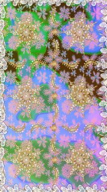 Raster soyut çiçek çelengi altın karalama fantezi yaprakları ve tarafsız renklerde çiçek. El yapımı dekoratif çerçeve, albüm kapağı, tebrik kartı, klasik Art deco tarzı.