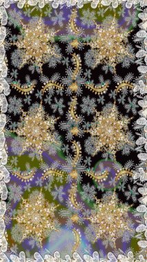 Süslü dekorasyon. Damask altın soyut çiçek gri renklerde pürüzsüz desen. Raster illüstrasyonu.