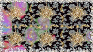 Süslü dekorasyon. Raster illüstrasyonu. Damask altın soyut çiçek gri renklerde pürüzsüz desen.