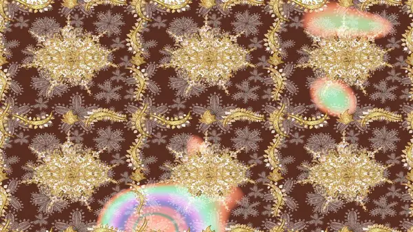 Damask arkaplanı. Kahverengi renkte altın bir element. Barok tarzında altın çiçekli süs. Altın çiçekli çizim şekli.