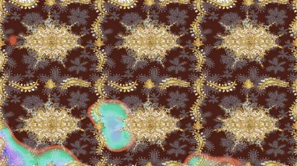 Mor renkler ve altın elementler üzerine altın eskiz deseni. Raster illüstrasyonu. Klasik altın desenli eskiz. Tekrarlayan ögelerle soyut arkaplan Raster.