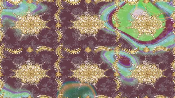 Doğum günü kartı, davetiye ya da afiş için iyidir. Ortaçağ çiçek desenini çiz. Dekoratif simetri arabesk. Raster illüstrasyonu. Kahverengi renklerde altın.