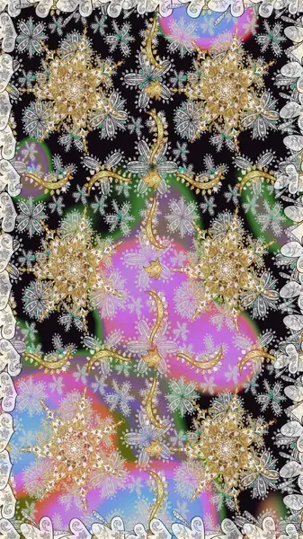 Barok tarzında duvar kağıdı tasarımı için kusursuz damaske deseni arkaplanı. Gri renkli ve altın elementli altın desenli. Süslü raster dekorasyonu.