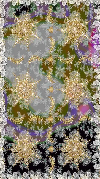 Kusursuz kraliyet lüksü, altın barok kumaş rengi. Altın antika ortaçağ dekoratifi, yapraklar ve gri renkli altın desenli süslemelerle pürüzsüz bir desen..