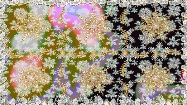 Raster altın çiçek süsü brokar kumaş ve cam desenli. Kusursuz altın desen. Altın elementli gri renkler. Çiçek desenli altın metal..