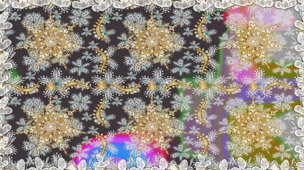 Raster altın tekstil baskısı. Gri renkli ve altın elementli altın desenli. İslam tasarımı. Çiçek kiremitleri. Kusursuz desenli oryantal süs.