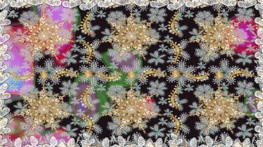 El yapımı dekoratif çerçeve, albüm kapağı, tebrik kartı, klasik Art deco tarzı. Raster soyut çiçek çelengi altın karalama fantezi yaprakları ve gri renkli çiçekler.