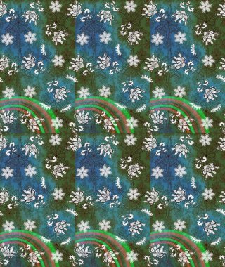 Yeşil ve mavi renkli etnik çiçekli zarif eskiz deseni. Asya Tekstil 'inde Raster Çiçek İllüstrasyonu.