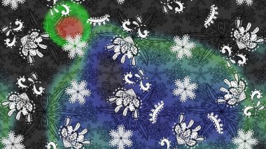 Çok renkli ve mavi zarif küçük çiçekler ve gri ve mavi renkli komik böcekler, raster deseni, illüstrasyon.