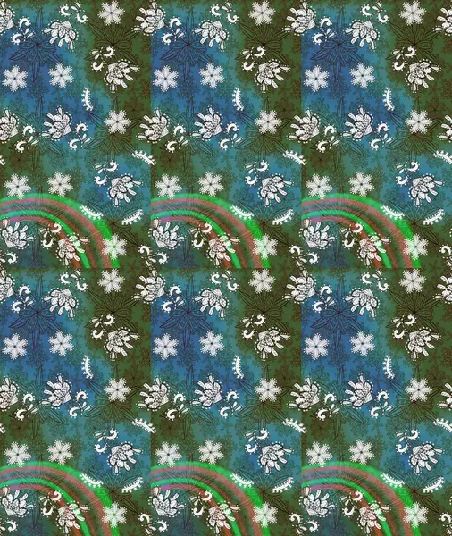 Yeşil ve mavi renkli etnik çiçekli zarif eskiz deseni. Asya Tekstil 'inde Raster Çiçek İllüstrasyonu.