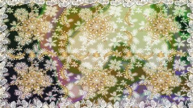 El yapımı dekoratif çerçeve, albüm kapağı, tebrik kartı, klasik Art deco tarzı. Raster soyut çiçek çelengi altın karalama fantezi yaprakları ve tarafsız renklerde çiçek.