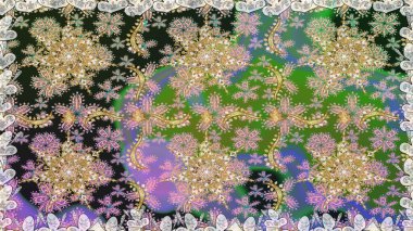 Altın karalama fantezi yapraklarından ve gri renkli çiçeklerden Raster soyut çiçek çelengi. El yapımı dekoratif çerçeve, albüm kapağı, tebrik kartı, klasik Art deco tarzı.