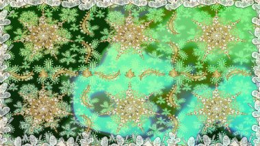 Altın elementlerle yeşil renklerde altın desen. Raster oryantal süs. Geleneksel klasik altın desen. Barok tarzında kusursuz bir doğulu süsü..
