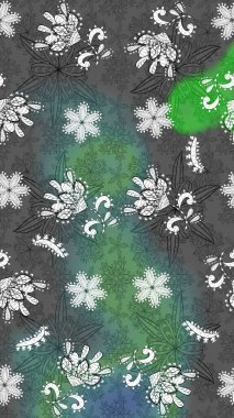 Tekrar eden çiçek arkaplanı, zarif gri ve yeşil çiçek duvar kağıdı. Gri ve yeşil renkler üzerine çiçek desenli çizimler, el yapımı papatyalar, papatyalar..