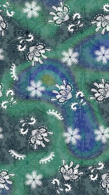 Çiçek tasarımı için inanılmaz bir kolaj cenneti tarzı. Parlak çiçekli kolaj çiçekleri mavi ve yeşil. Çiçekli zambaklar eskiz arka planı.