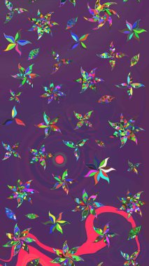 Çiçeksel fantezi tasarımı ve parlak bir arka plan çizimi. Düz Çiçek Elementleri Tasarımı. Renkli Bahar Teması çizim şablonu.