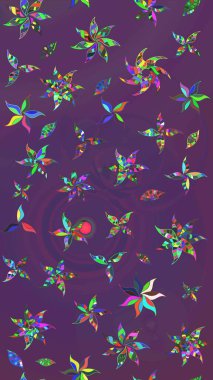 Çiçeksel elementlerle süslenmiş zarif raster dokusu. Mor ve mor renkli parlak çiçekli soyut çizim deseni. Küçük çiçekte şirin bir çiçek deseni var..