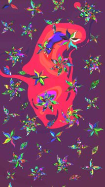 Raster illüstrasyonu. Çiçek desenli çizim. Mor ve pembe renkte çiçekler. Raster illüstrasyonu. Asya tekstil tarzında.