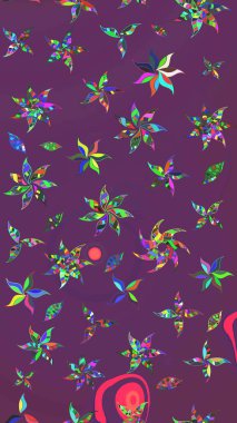 Mor ve yeşil renklerdeki çok renkli ve yeşil zarif küçük çiçekler ve komik böcekler, raster desen, illüstrasyon.