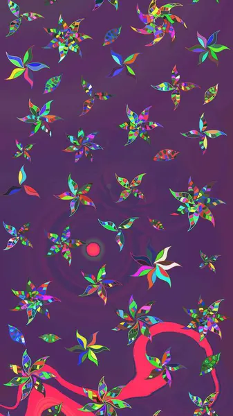 Çiçeksel fantezi tasarımı ve parlak bir arka plan çizimi. Düz Çiçek Elementleri Tasarımı. Renkli Bahar Teması çizim şablonu.