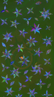 El çizimi çiçekli soyut çizim kalıbı. Raster illüstrasyonu. Yeşil ve mavi renkte çiçekler.