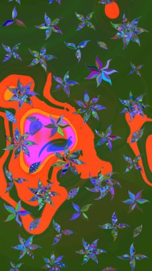 Küçük çiçekteki sevimli çiçek deseni. Yeşil ve turuncu renkli çiçekler. Raster illüstrasyonu.