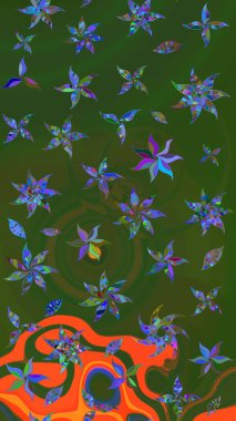 Klasik çiçek tasarımı elementleri. Yeşil ve turuncu kıvırcık çiçekler yeşil ve turuncu renklerde şekillenir. Raster illüstrasyonu.