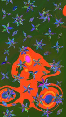 Raster suluboya çiçek deseni, narin çiçekler, yeşil ve turuncu çiçekler, tebrik kartı şablonu. Raster Güzel kumaş deseni.