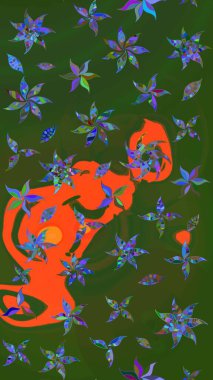 Soyut çiçek çizim kalıbı arka planı. Raster deseni. Raster illüstrasyonu. Yeşil ve turuncu renklerde. Küçük çiçekte sevimli çiçek deseni var..