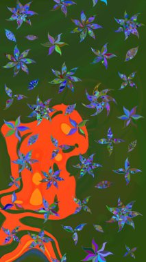 Çizim çiçek deseni duvar kâğıdı olarak kullanılabilir. Yeşil ve turuncu renkli çiçekler. Raster illüstrasyonu.