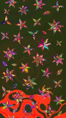 Yeşil ve gri renkli çiçekler. Raster illüstrasyonu. Tropikal çizim çiçek deseni.