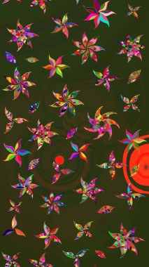 Raster illüstrasyonu. Şirin çiçekli eskiz deseni ve yeşil ve gri renkli yapraklar, suluboya çiçek deseni, duvar kağıdı, kart veya kumaş için fayanslı.