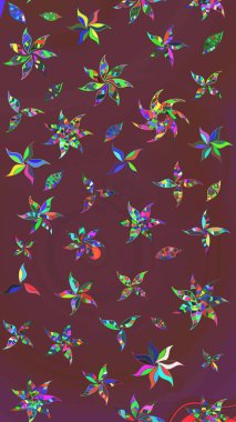 Raster deseni. Raster illüstrasyonu. Patlayan çiçekler soyut olarak yerleştirilmiş. Kahverengi ve yeşil renklerde bahar çiçekleri..