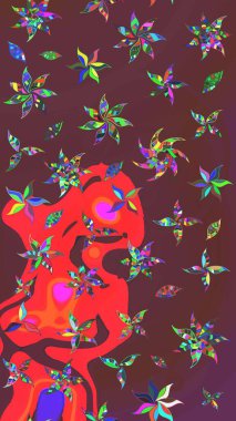 Bir sürü kahverengi ve kırmızı soyut çiçekli tropik eskiz deseni. Varicolobrown ve Red Raster çizimi. Küçük çiçekte sevimli çiçek deseni var..