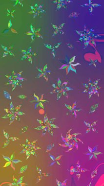 Parlak renkli çiçekleri olan ve mor ve yeşil renkte yaprakları olan harika bir çiçek deseni. Modern çiçek arkaplanı. Moda baskıları için zarif bir şablon. Halk stili.