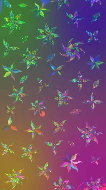 Mor ve yeşil renkli çiçekler. Hediye ambalaj kağıdı, tebrik kartları, posterler ve pankart tasarımı. Raster düz çiçek çizim deseni.