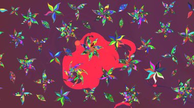 Çiçek desenli çizim. Raster illüstrasyonu. Kahverengi ve pembe renkli Asyalı tekstil.