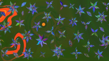 Çiçek duvar kağıdı. Renkli süs kenarı. Hint süsü. Çizim kalıbı. Raster illüstrasyonu. Yeşil ve mavi renklerde.