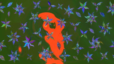 Raster düz çiçek çizim deseni. Hediye ambalaj kağıdı, tebrik kartları, posterler ve pankart tasarımı. Yeşil ve turuncu renkte çiçekler.