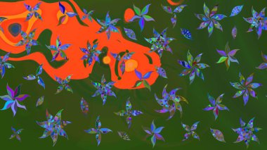 Suluboya çizim kalıbı. Çiçek izi. Çiçekler suluboya tarzında yeşil ve turuncu renklerde.