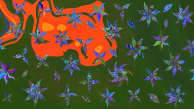 Çizim çiçek deseni duvar kâğıdı olarak kullanılabilir. Yeşil ve turuncu renkli çiçekler. Raster illüstrasyonu.