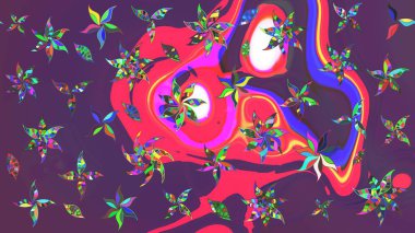 Raster illüstrasyonundaki çiçek desenli çizim. Mor ve pembe renkte çiçekler.