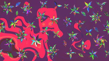 El çizimi, soyut ve süslü elementler. Yaz çiçekleri teması. Klasik çiçekler. Suluboya resim taklit Raster çizimi. Mor ve pembe renkler.